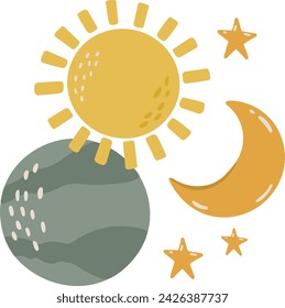 The sun and the heavenly bodies, kids illustration