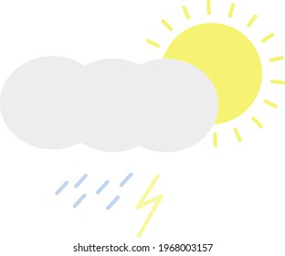 Sun with heavy rain and lightning, icon illustration, vector on white background