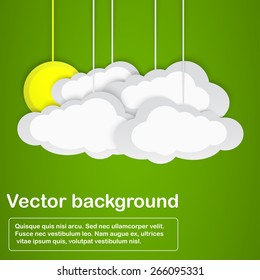 Sun hidden after four clouds on green background. Vector illustration.