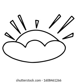 The sun hides behind a cloud. Children's drawing outline. Black and white outline image . Coloring. The sun with rays. Isolated drawing on a white background. Vector illustration
