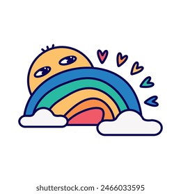 El sol se esconde detrás de un arco iris con nubes para el Mes del Orgullo LGBT. Ilustración vectorial hecha de delgadas líneas de color azul oscuro sobre un fondo blanco