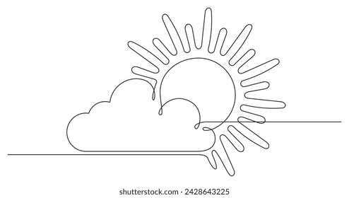 Sun hiding behind the cloud continuous one line art outline. Sunshine contour line. Vector illustration isolated on transparent. Editable stroke.
