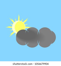 Sun hiding behind the cloud cute childish style bright color design icon isolated on blue background. Spring weather.