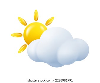 Sun hiding behind cloud, isolated meteorological forecast icon. Cloudy weather conditions, small sunshine. Vector in three dimensional 3d, realistic style