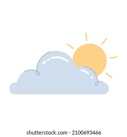 Sonne versteckt sich hinter Wolken. Sonnige Wolkenwettervorhersage auf weißem Hintergrund. Farbige Vektorgrafik auf ebene Cartoon-Art