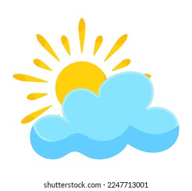Sun hiding at blue cloud, partly cloudy. Weather forecast element. Vector illustration in cartoon design
