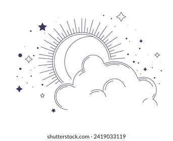 Sol escondido por nubes esponjosas, rayas aisladas de luz y estrellas en el cielo. Composición mística y esotérica, ocultismo y diseño de brujería, decoración minimalista y bohemia. Vector de estilo plano