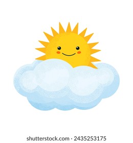 The sun is hiding in a cloud. Joyful happy sun in cartoon style for design prints, t-shirts and patterns for kids