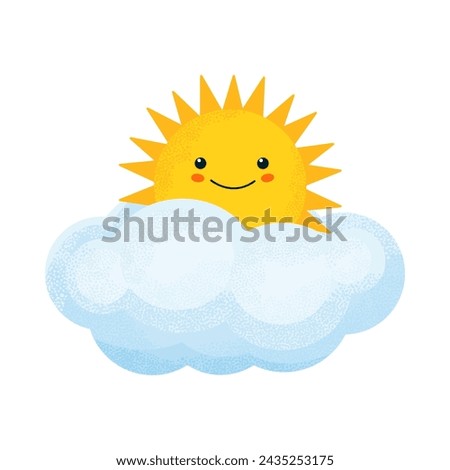 The sun is hiding in a cloud. Joyful happy sun in cartoon style for design prints, t-shirts and patterns for kids