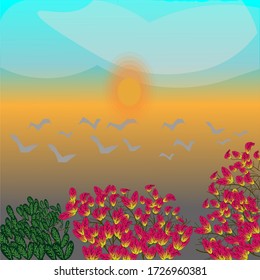 the sun with the hills background viewed from a group of flower