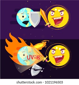 sun hitting earth with sword of fire. earth hurt and painful by fire. ultraviolet effect concept - vector illustration