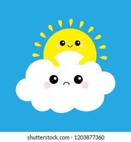 Sun holding cloud Yellow and white set. Smiling and sad face. Friends forever. Fluffy clouds. Cute cartoon cloudscape. Cloudy weather sign symbols. Flat design Blue sky background. Isolated. Vector