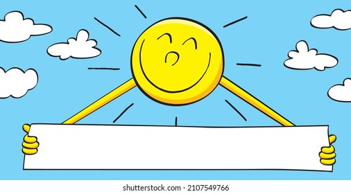 Sol con una pancarta vacía, ilustración dibujada a mano por vector de dibujos animados con sol en el cielo azul con nubes pequeñas