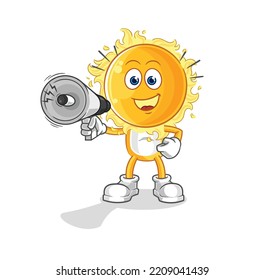 the sun holding hand loudspeakers vector. cartoon character