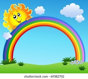 Sun holding rainbow on blue sky - vector illustration.