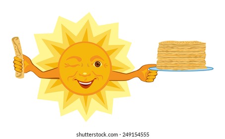Sun holds a plate with pancakes and celebrates the feast of Shrovetide