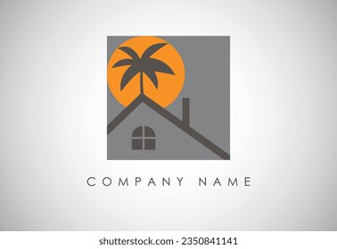 sun with home and the beach logo design vector template.