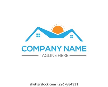 Logo-Vorlage für Sun Home. Sonnenstrahlen mit Haus, Morgensonnenhaus mit Slice Lime Orange für Real Estate Logo Design. Einzeln auf weißem Hintergrund. Vorlage für flaches Vectorlogo. 