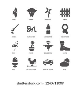 Sun, Honeycomb, Milk bottle, Egg, Boots, Corn, Honey, Rain, Pick up truck, Weather vane, Pinwheel icon 16 set EPS 10 vector format. Icons optimized for both large and small resolutions.