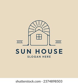 sun house line art logo minimalist design with emblem vector illustration design