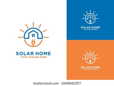 sun with house logo and electrical plug. solar energy and home design Icon Symbol sun logo with house logo. solar energy and home design brand template	