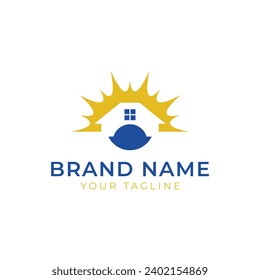 Imagen vectorial del diseño del icono del logotipo de la casa solar. Casa con icono solar sobre fondo blanco. Estilo plano. Ilustración vectorial.