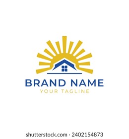 Sun house logo icon design vector image. House with sun icon on white background. Flat style. Vector illustration.