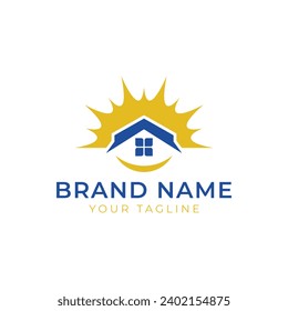 Imagen vectorial del diseño del icono del logotipo de la casa solar. Casa con icono solar sobre fondo blanco. Estilo plano. Ilustración vectorial.