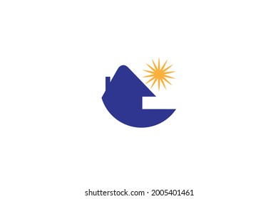 sun and house silhouette. creative logo design for travel, hotel and resort.