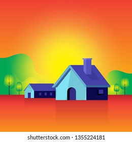sun. houses and landscape. background. home. nature. atmosphere. tree