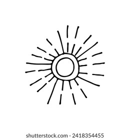 The sun, a huge hot ball. Sunbeams. Doodle. Vector illustration. Hand drawn. Outline.