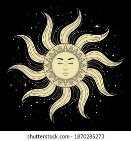 Sun with human face on black background, vintage mystic symbol art. Vector illustration