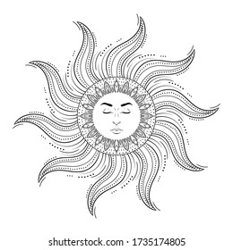 Sun with human face on white background, vintage mystic symbol art. Vector illustration