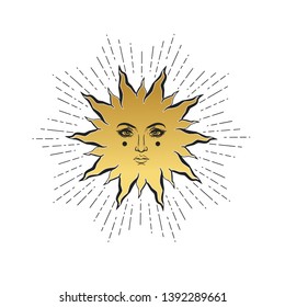 Sun with human face. Vector hand drawn illustration