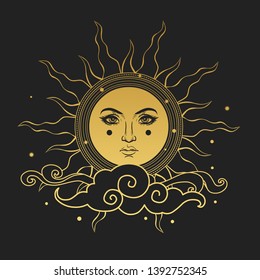 The Sun with human face. Vector hand drawn illustration on black background