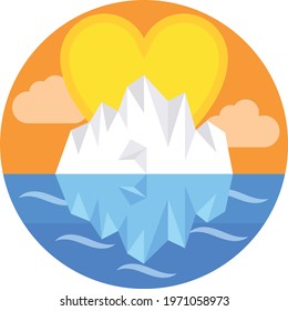 Sun Iceberg in sea with clouds Concept, Nature Ocean Sunset Glacier Vector Color Icon Design, Nature Lover Symbol, Heart in nature Stock illustration, Beautiful scenery Ideas in Round Shape,