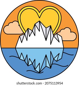 Sun Iceberg in sea with clouds Concept, Nature Ocean Sunset Glacier Vector Icon Design, Nature Love Symbol, Artistic landforms Scene Sign, Heart in nature Stock illustration, Beautiful Landscape View 