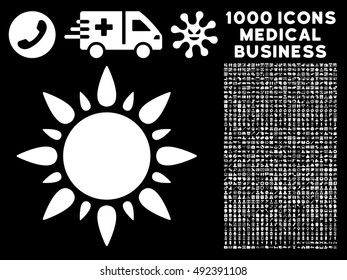 Sun icon with 1000 medical business white vector design elements. Design style is flat symbols, black background.