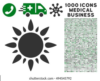 Sun icon with 1000 medical commerce green and gray vector pictograms. Set style is flat bicolor symbols, white background.