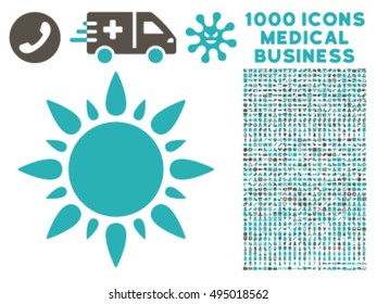 Sun icon with 1000 medical commerce grey and cyan vector pictograms. Collection style is flat bicolor symbols, white background.