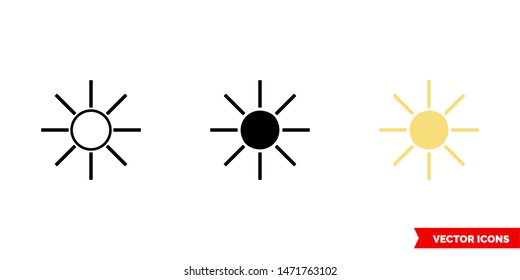 Sun icon of 3 types: color, black and white, outline. Isolated vector sign symbol.