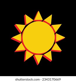Sun Icon. 3D Extruded Yellow Icon with Red Sides a Black background. Illustration.