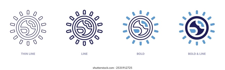 Icono de sol en 4 estilos diferentes. Línea delgada, línea, negrita y línea negrita. Estilo duotono. Trazo editable.
