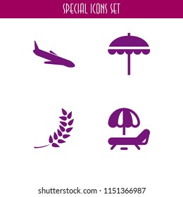sun icon. 4 sun set with summer, wheat, beach and plane vector icons for web and mobile app