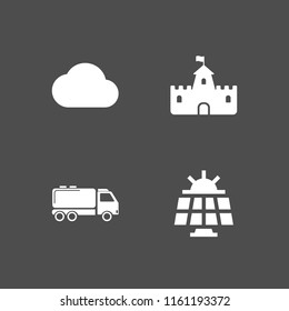 sun icon. 4 sun set with truck, fortress, filled cloud and solar panel vector icons for web and mobile app