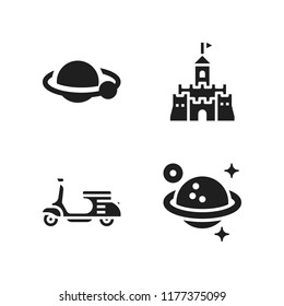 sun icon. 4 sun vector icons set. saturn, sand castle and scooter icons for web and design about sun theme