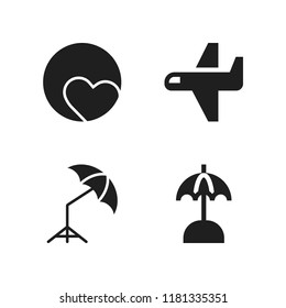 sun icon. 4 sun vector icons set. sun umbrella, umbrella and airplane icons for web and design about sun theme