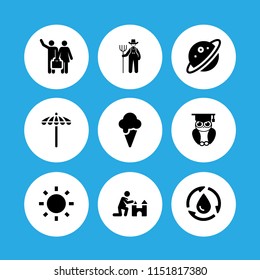 sun icon. 9 sun set with cap, water, shining sun and summer vector icons for web and mobile app