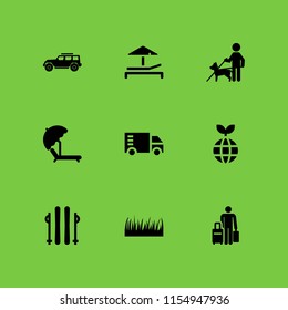 sun icon. 9 sun set with jeep, travel, sunbed and grass leaves silhouette vector icons for web and mobile app