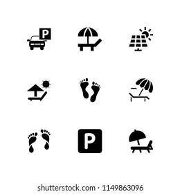 sun icon. 9 sun set with park, human footprints, beach and human footprint vector icons for web and mobile app